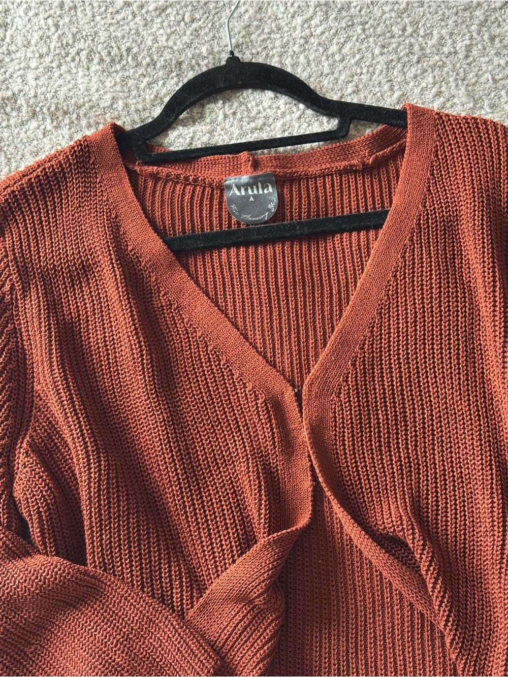 Arula Rust Terracotta Ribbed Knit Hook & Eye Front Bell Sleeve Cardigan